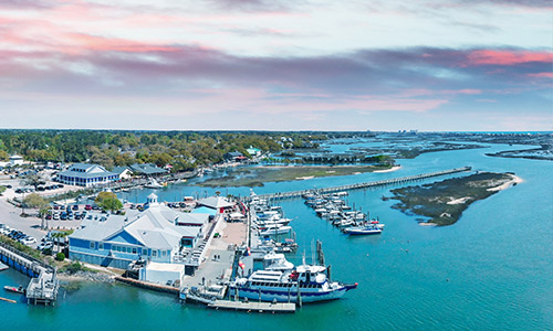 aerial view of a river and marina