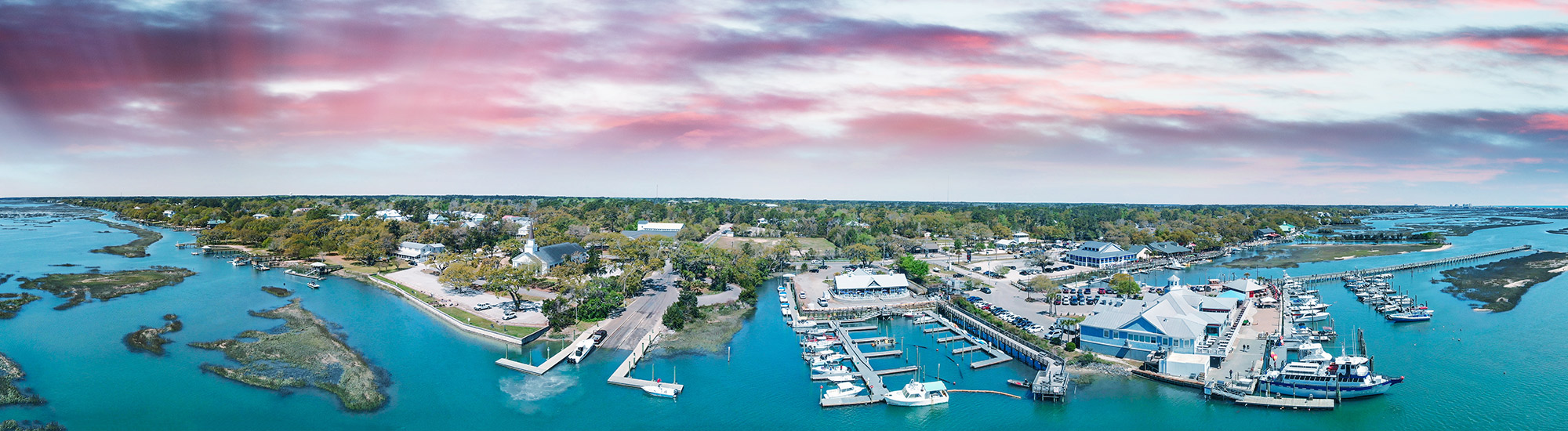aerial view of a river and marina