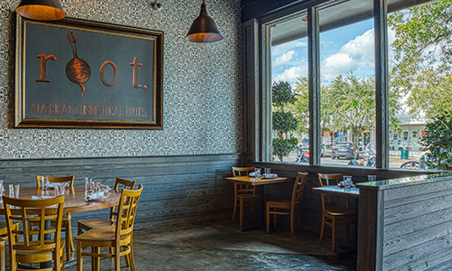 Restaurant with wall painting and windows
