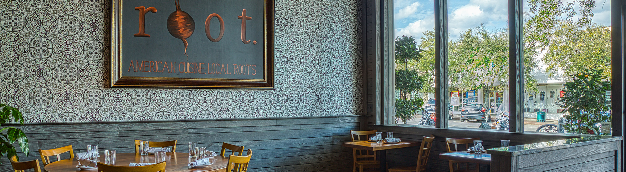 Restaurant with wall painting and windows